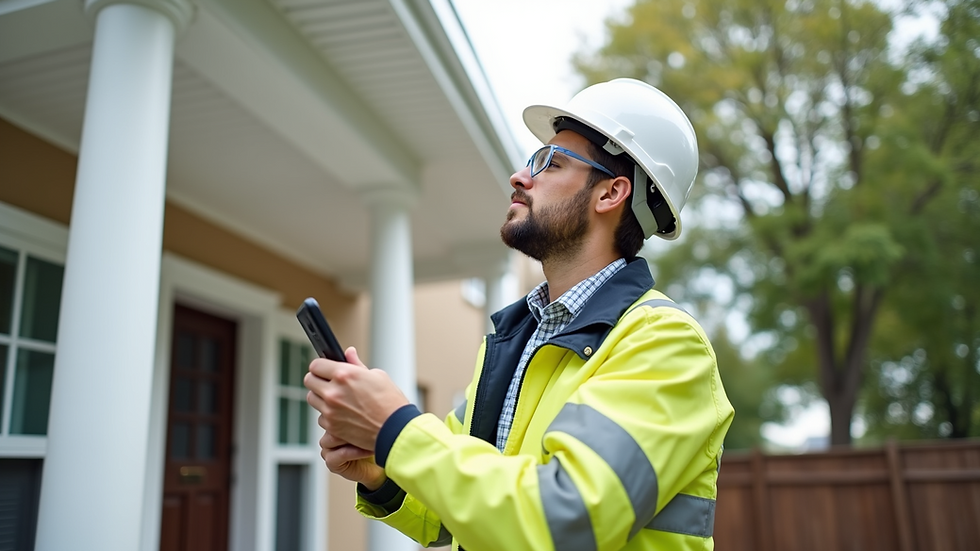 Eye-level view of a surveyor inspecting a house exterior