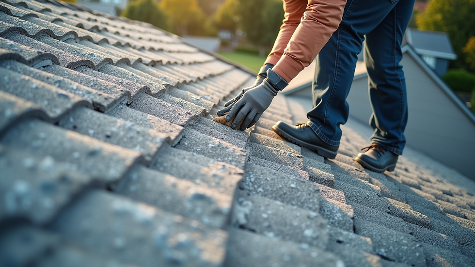 High angle view of a roof being inspected for damage