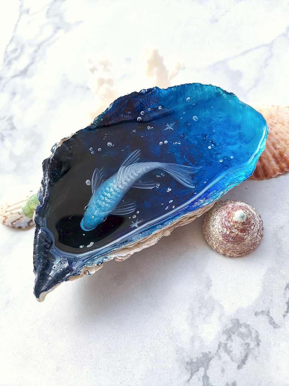 Thumbnail: Blue Fish Painting in Oyster Shell | Resin Art