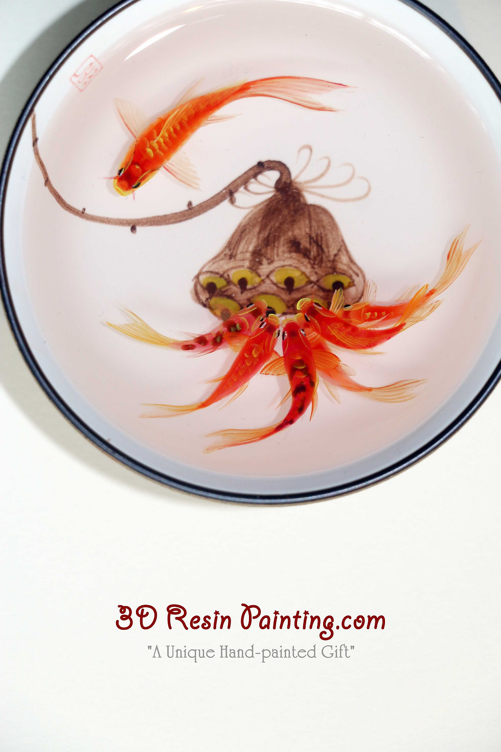 Thumbnail: Red koi fish with seedpod of the lotus resin painting in a Chinese style teacup