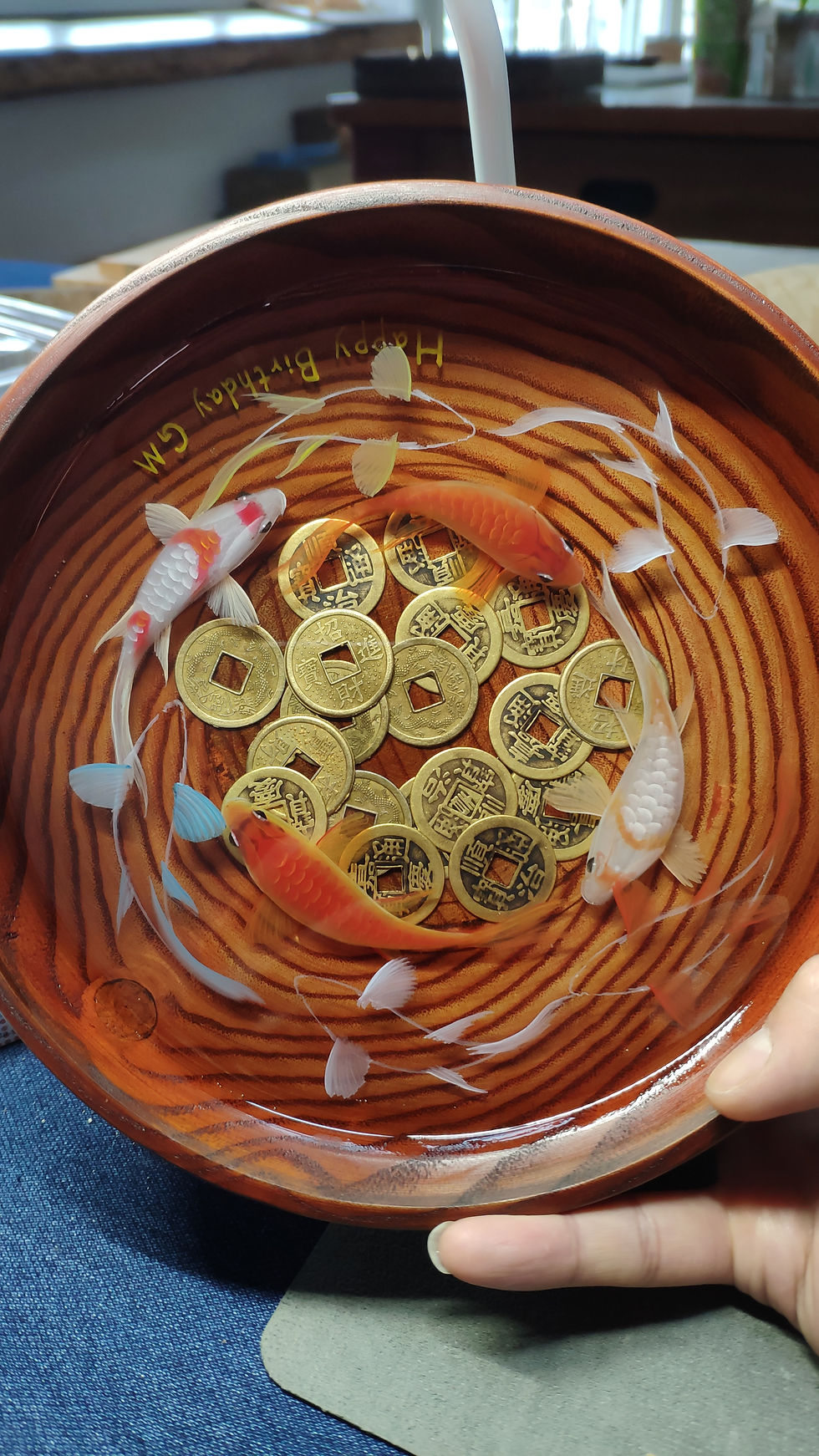 Adding more details and colors on the 9 koi fish resin painting