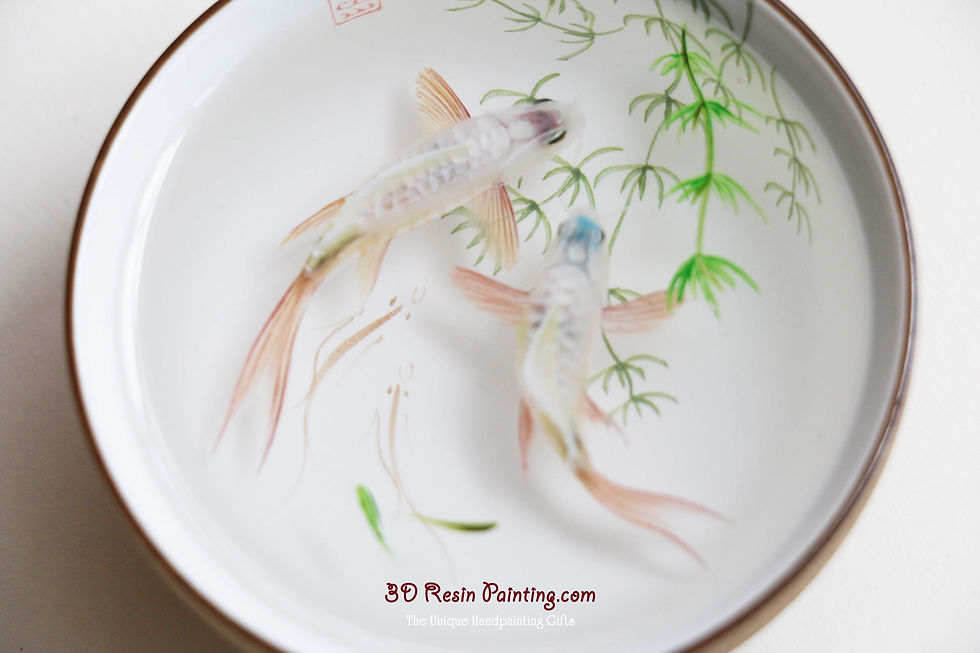 Thumbnail: White fish couple with pink fins resin painting in a Chinese style teacup