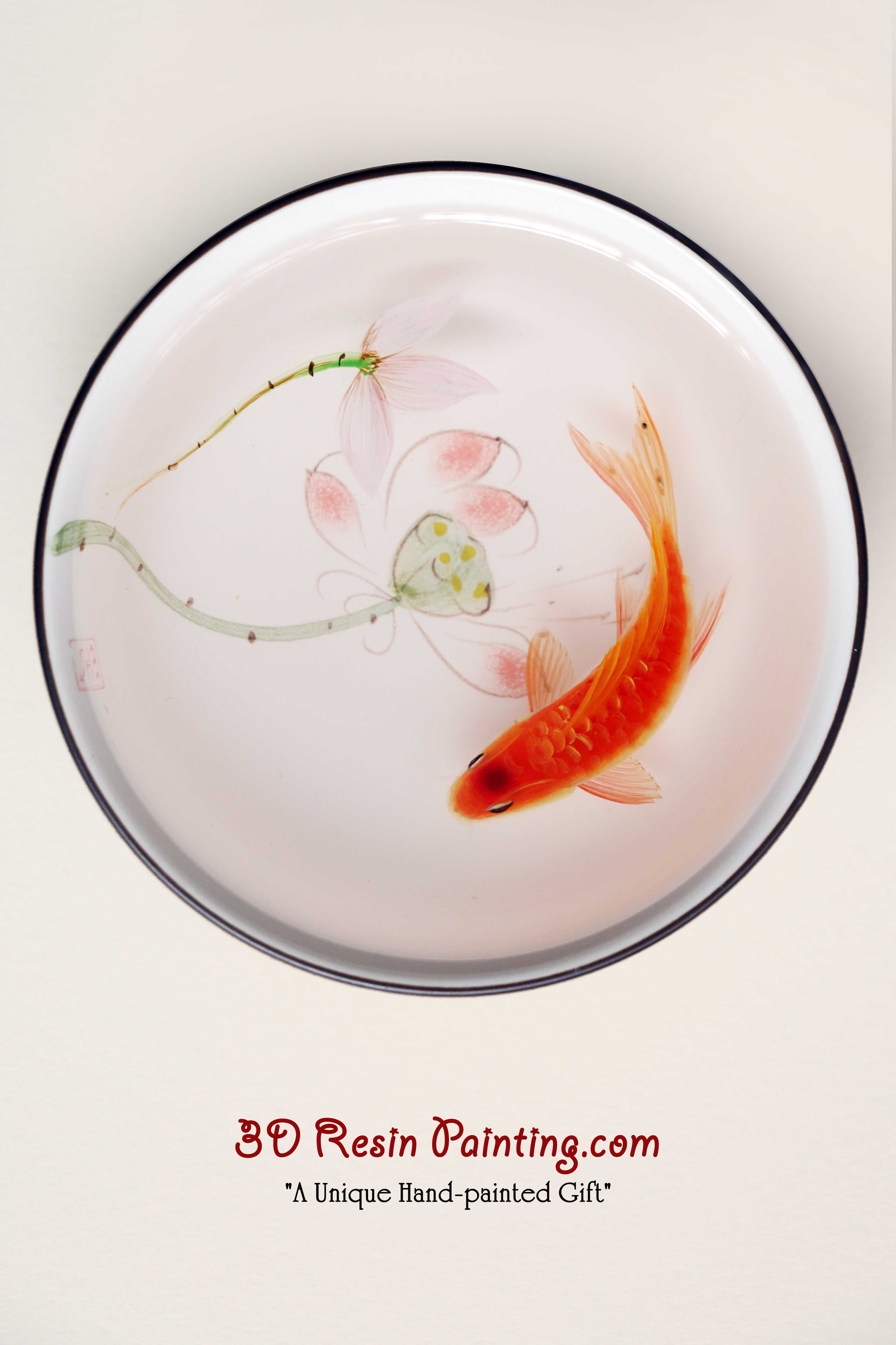 Red koi fish with lotus resin painting in a Chinese style teacup