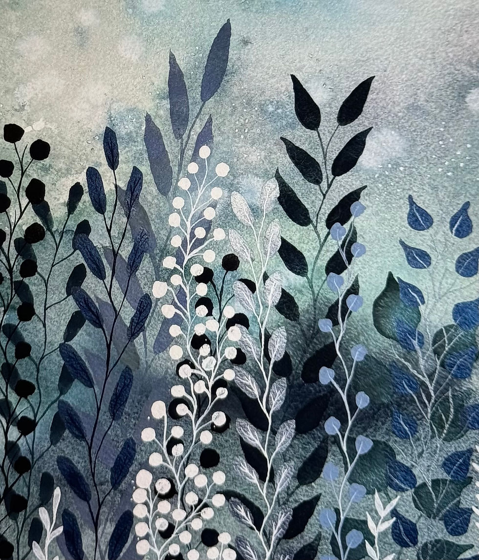 Thumbnail: "Blue Morning" Abstract Blue and White Layered Vines and Leaves 8x10 Print