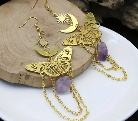Crescent Moon & Amethyst, Butterfly Dangle Earrings
