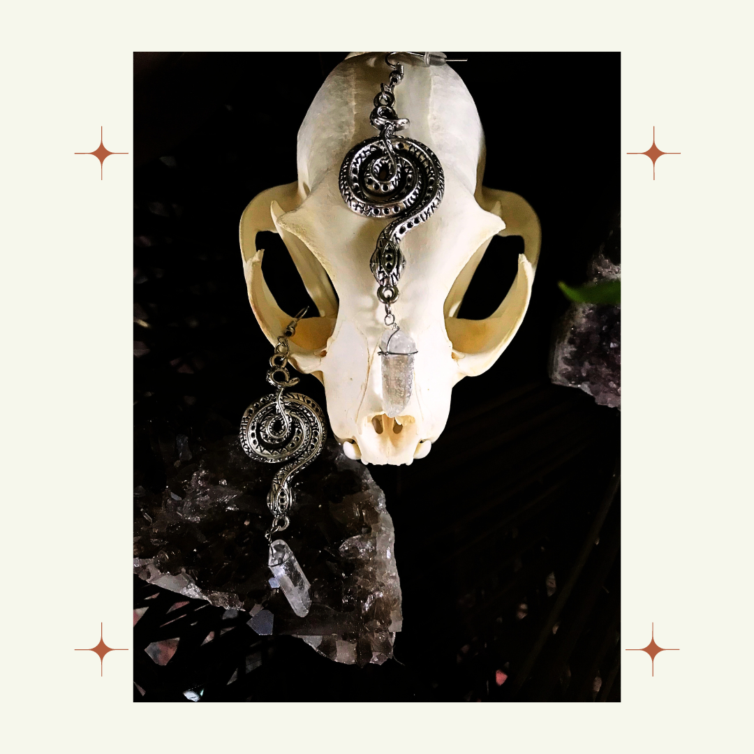 Silver Snake Spiral Earrings with Crystal Quartz