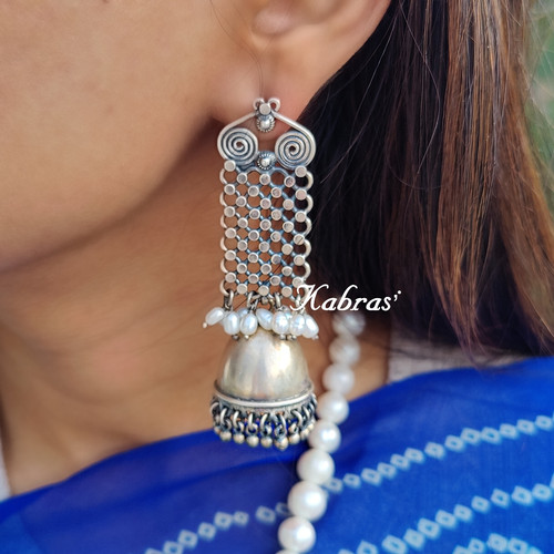 Pure Silver JALI WORK JHUMLI WITH PEARLS main image 1