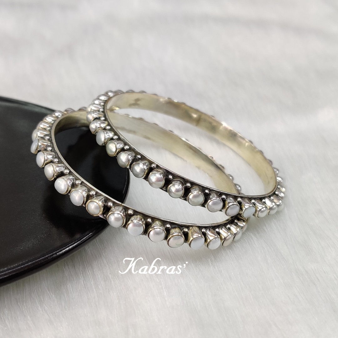 Silver bangle studde with pearls, pearl bangle made in 92.5 silver, classic pearl bangle