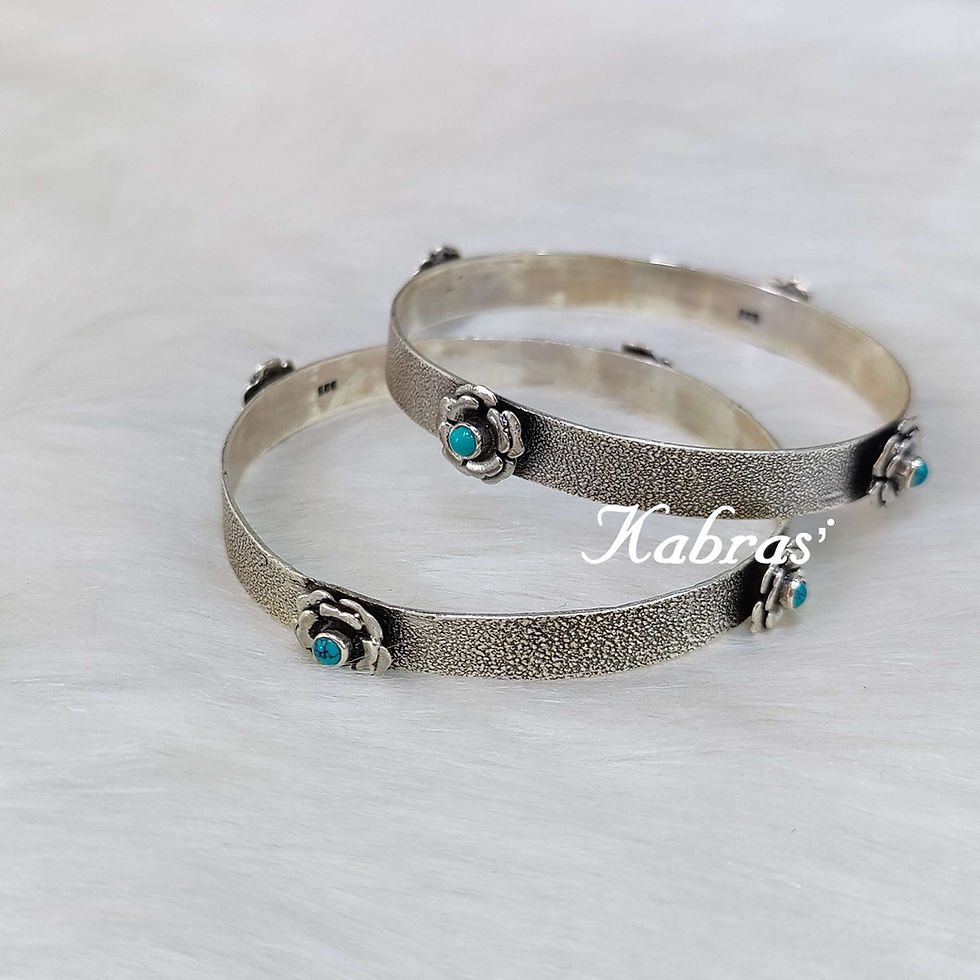 Thumbnail: Elegant silver bangle with sky blue stone and traditional chudi design