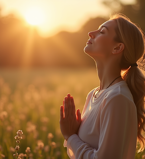 Serene woman with eyes closed in meditation pose, bathed in soft, warm morning light..png