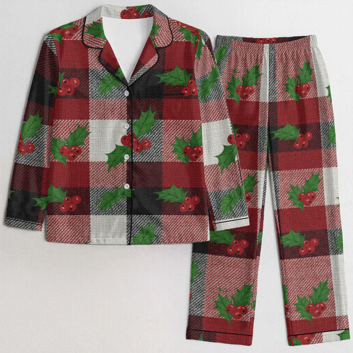 Red White & Black Christmas Flannel Print Women's Satin Pajama Set