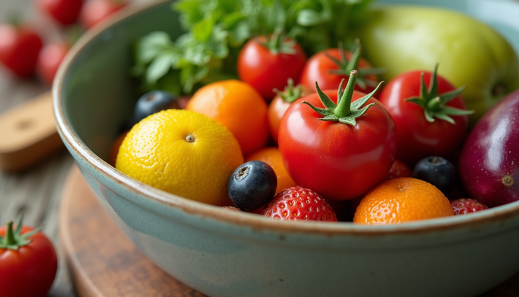 Eye-level view of a vibrant bowl filled with colorful fruits and vegetables
