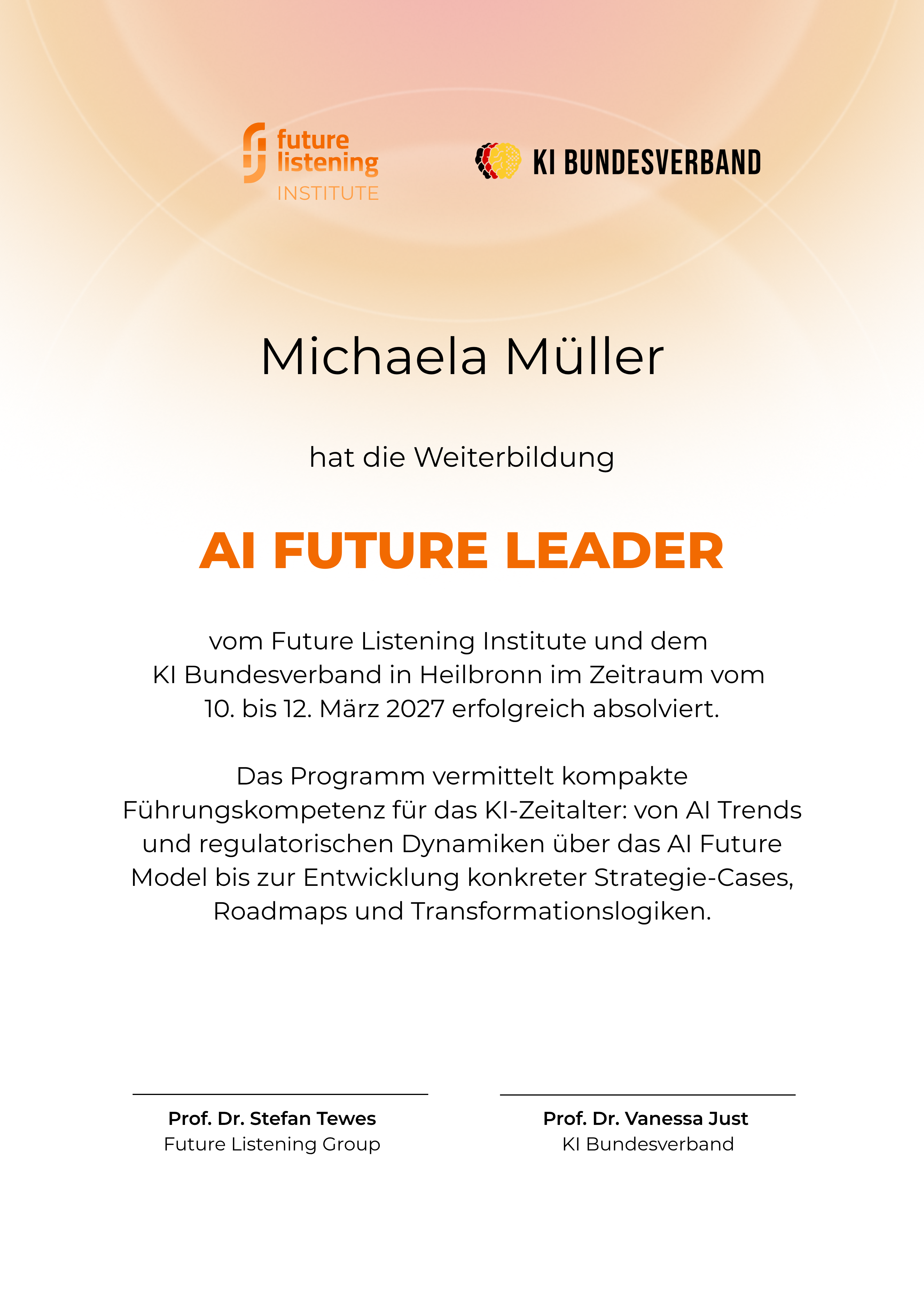 Beispiel: Zertifikat für die Weiterbildung AI Future Leader