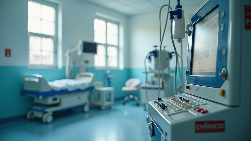 Close-up view of a medical dialysis machine in a hospital room