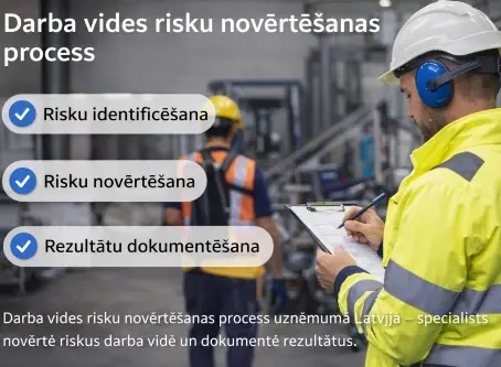 Darba aizsardzības speciālists veic darba vides risku novērtēšanu uzņēmumā Latvijā