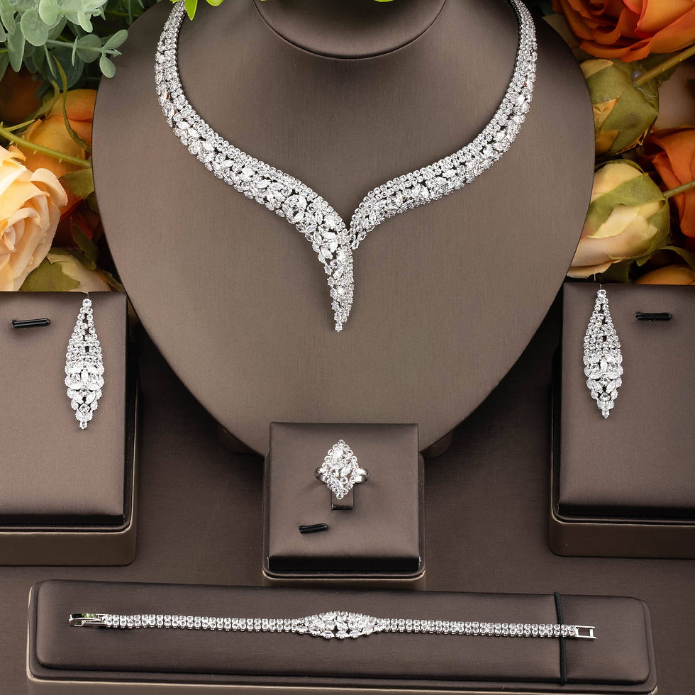Thumbnail: Fashion Cubic Zircon Leaf Pendant Necklace and Earrings Set 4PCS Bridal Wedding 