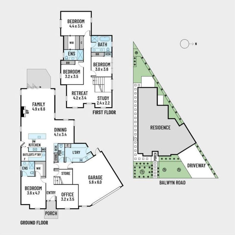 Detailed floor plans of ground and first levels, plus a site plan for a residence on Balwyn Road.
31 Balwyn Rd, Bulleen VIC 3105
