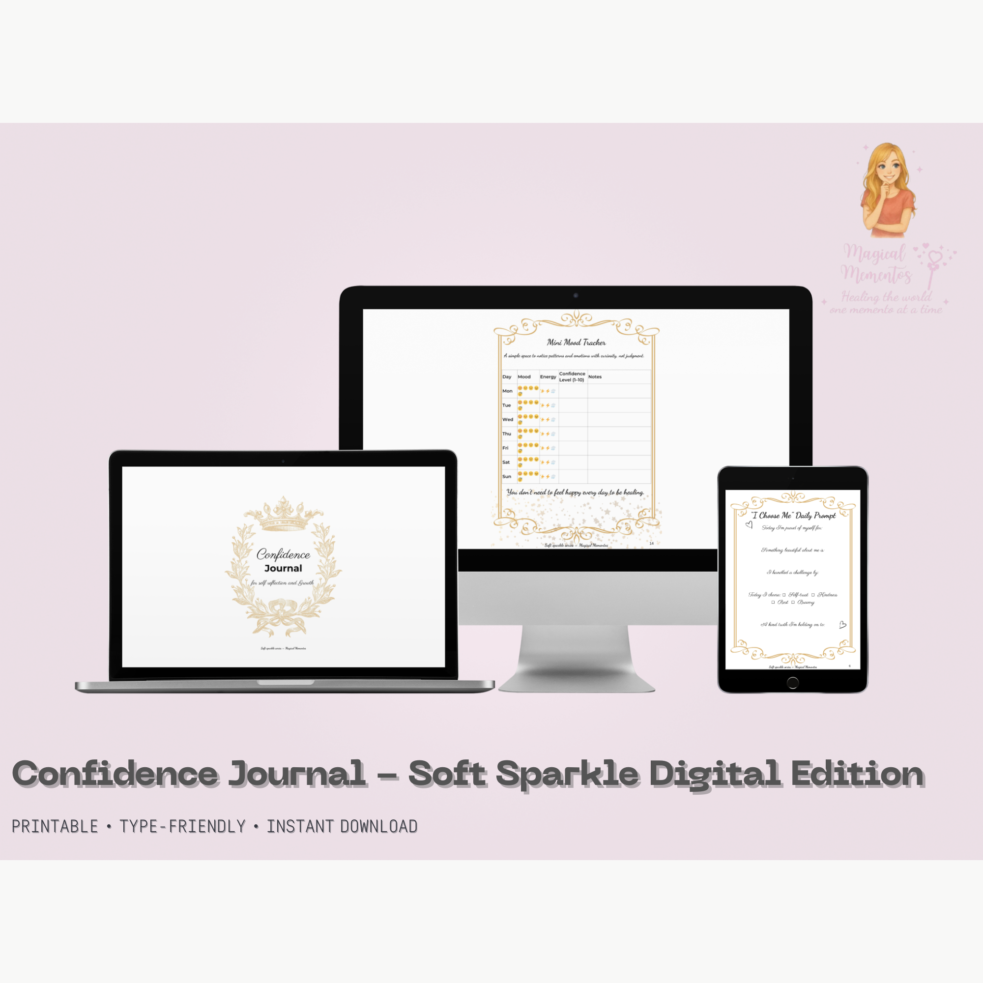 Confidence Journal Soft Sparkle Digital Edition displayed on laptop, tablet, and phone screens with elegant gold floral cover and guided worksheet pages, by Magical Mementos.