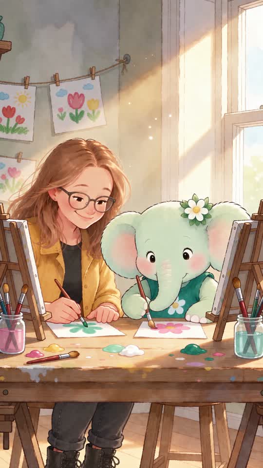 Kerry and Nellie painting together in a sunny art studio