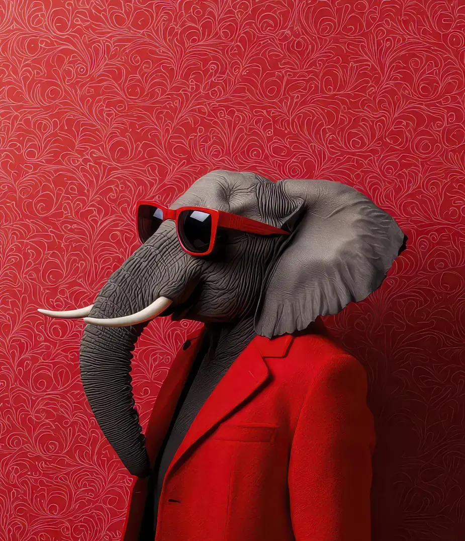 “Surreal artwork of an elephant dressed in a bright red suit jacket and matching red sunglasses, standing against a patterned red wallpaper background. The image has a bold, stylish, and playful aesthetic