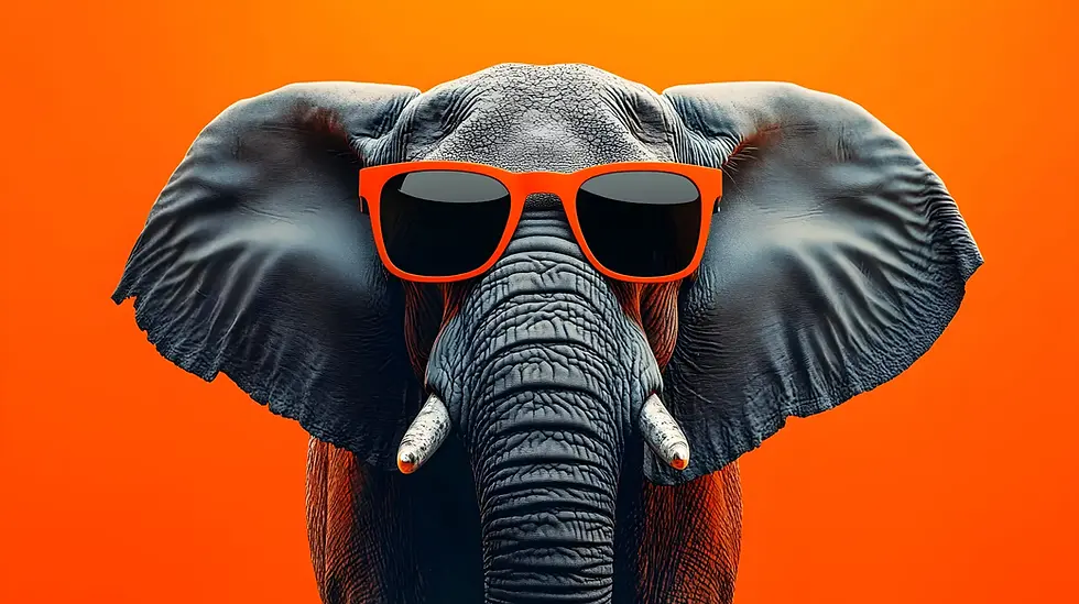 Close-up of a grey elephant wearing bright orange sunglasses against a bold orange background, symbolising confidence, fun, and the playful Little Nellie brand energy.
