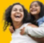 Mother carrying her child on her back, both laughing joyfully against a bright yellow background, symbolising family strength and positivity