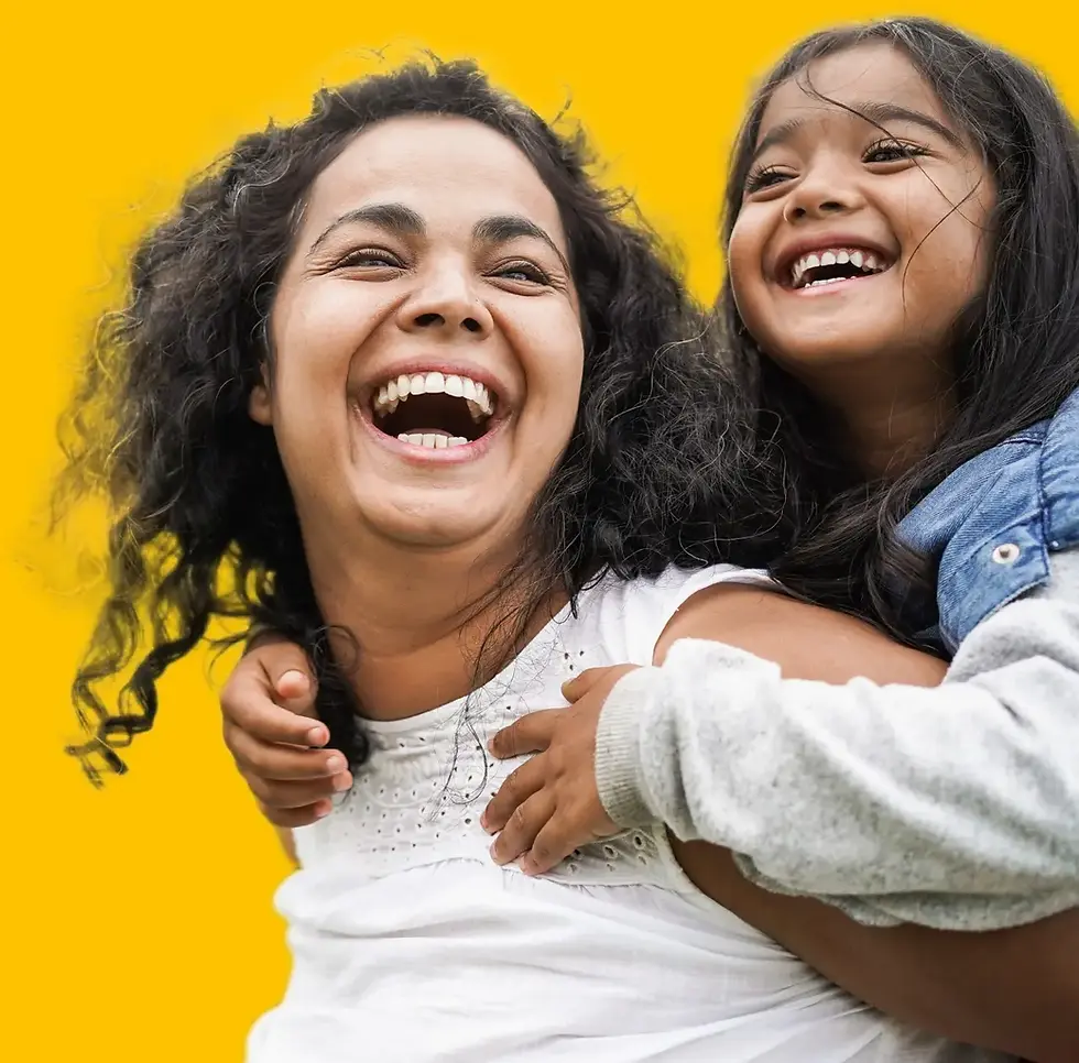Mother carrying her child on her back, both laughing joyfully against a bright yellow background, symbolising family strength and positivity