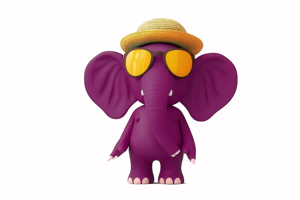 A cheerful purple cartoon elephant mascot wearing a straw hat and yellow sunglasses, representing the friendly and approachable spirit of Nellie Supports