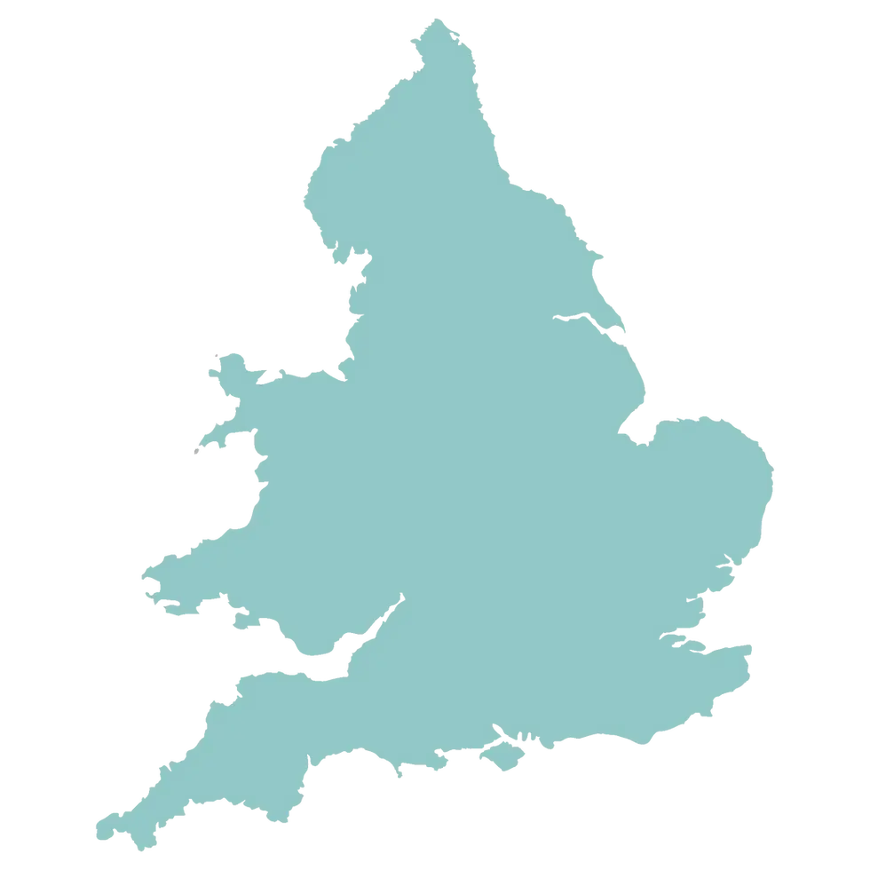 A flat, teal-coloured vector map outlines the geographical shape of England and Wales against a plain background. The design is minimal and modern, symbolising Nellie Supports’ ability to provide retrospective mental capacity assessments across all regions, including London, Manchester, Birmingham, Leeds, Cardiff, and surrounding areas.