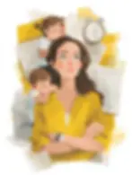 Illustration of a tired mother in a yellow top with two young children clinging to her, surrounded by papers and a ticking clock, symbolising the stress and overwhelm parents face when trying to secure support
