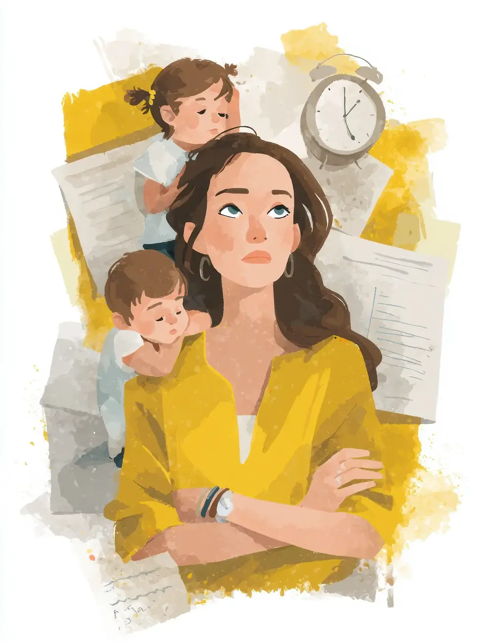 Illustration of a tired mother in a yellow top with two young children clinging to her, surrounded by papers and a ticking clock, symbolising the stress and overwhelm parents face when trying to secure support