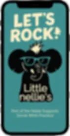 Punk-style phone wallpaper showing a cartoon elephant with spiky hair and teal sunglasses. Above it, bold cream text reads ‘LET’S ROCK!’. Below the elephant, the logo says ‘little nellie’s’. A tagline beneath states ‘Part of the Nellie Supports Social Work Practice’ on a teal background