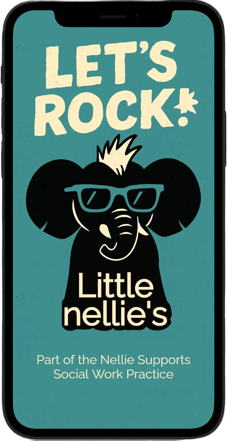 Punk-style phone wallpaper showing a cartoon elephant with spiky hair and teal sunglasses. Above it, bold cream text reads ‘LET’S ROCK!’. Below the elephant, the logo says ‘little nellie’s’. A tagline beneath states ‘Part of the Nellie Supports Social Work Practice’ on a teal background