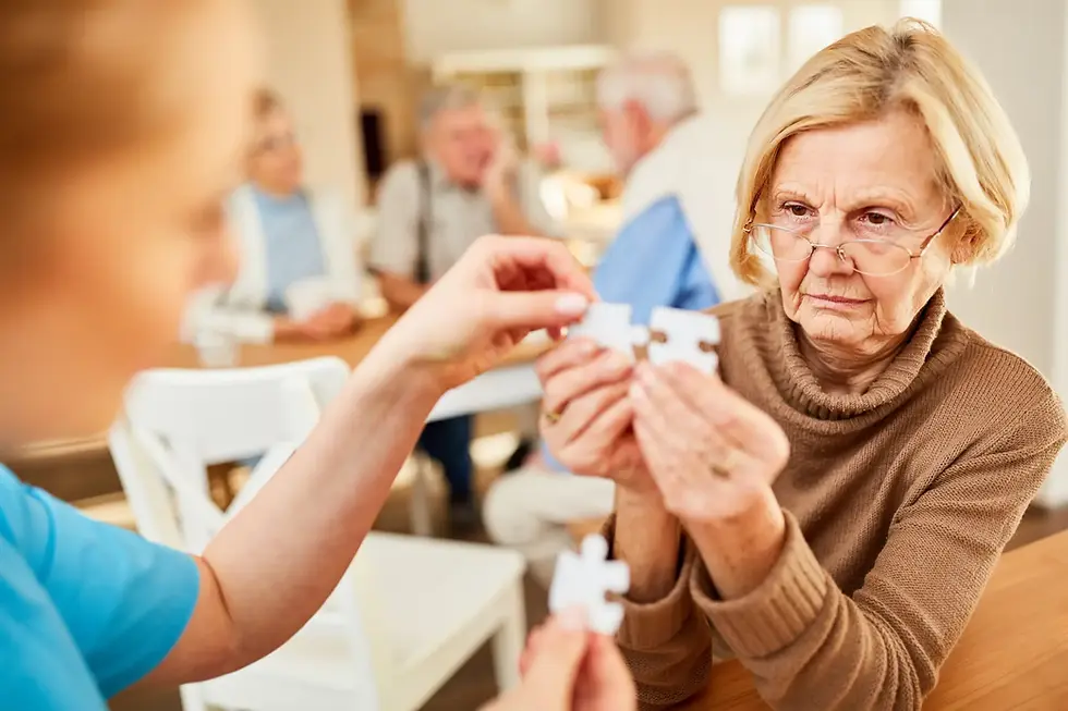 Elderly woman supported by a carer during an activity, illustrating assessment for a Care Needs Court Report