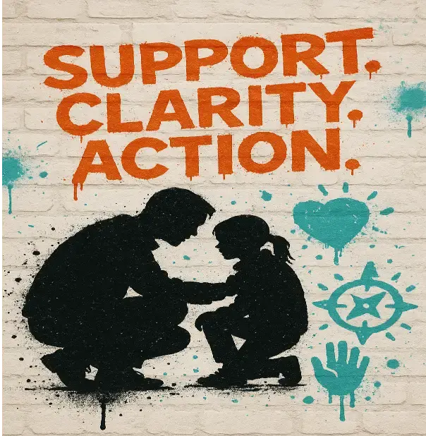 Graffiti-style mural of a parent crouching beside a child on a textured brick wall, with spray-painted words “Support. Clarity. Action.” above and teal graffiti icons of a heart, compass, and hand symbolising care, direction, and advocacy