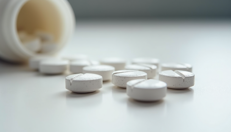Close-up view of oxycodone pills arranged on a white surface