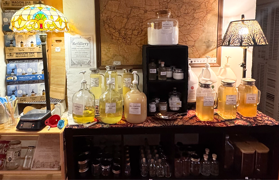 The Refillery at Starlight offers personal cleansers, household cleansers, and cooking oils. Jars and bottles are available, but customers are welcome to bring their own containers to refill.