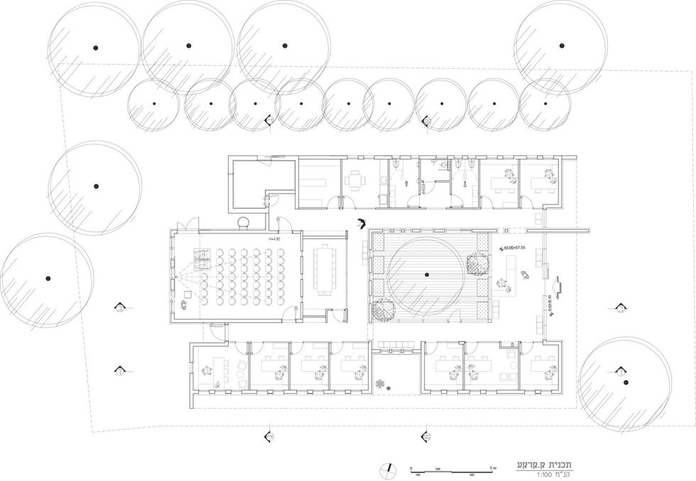 שרטוט אדריכלי של תוכנית קומת הקרקע (קנ"מ 1:100) של המועצה הדתית בגדרה, תכנון רמון אדריכלים.