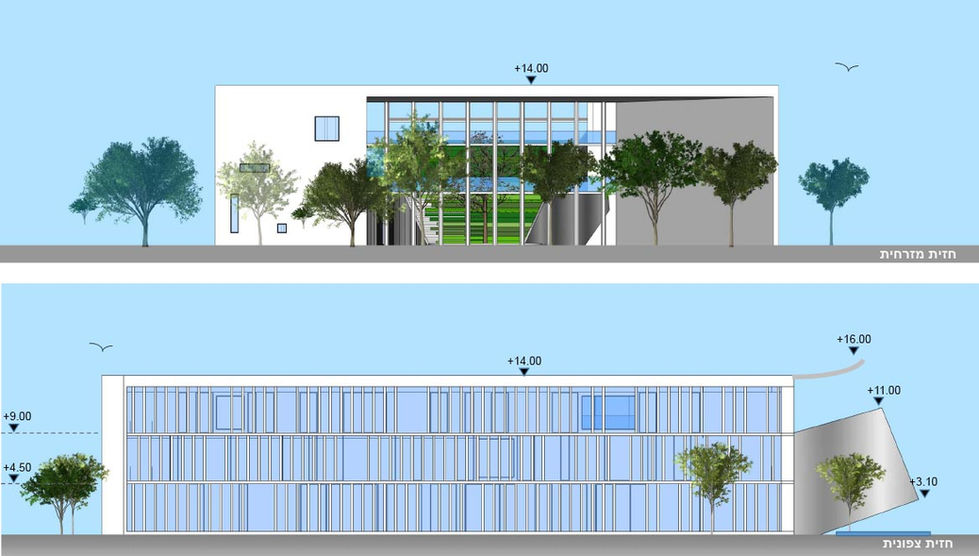 הדמיה של חזיתות מבנה הפקולטה למשפטים במכללת ספיר, בתכנון רמון אדריכלים ואילן פיבקו. מוצגים יחסי פתחים ומסה מאוזנים, עיצוב מודולרי ושימוש באור טבעי ליצירת חזות פתוחה ומזמינה.