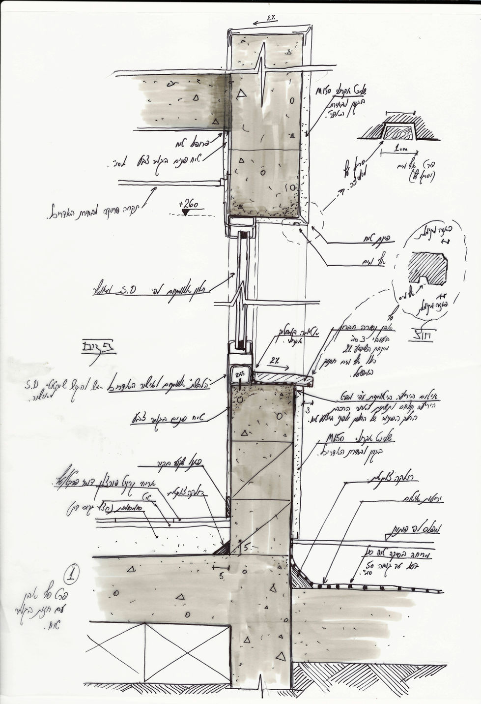 שרטוט אדריכלי המציג פרט חיבור בין בטון, לוחות HPL ואלומיניום במבנה המועצה הדתית גדרה – תכנון רועי רמון אדריכלים.