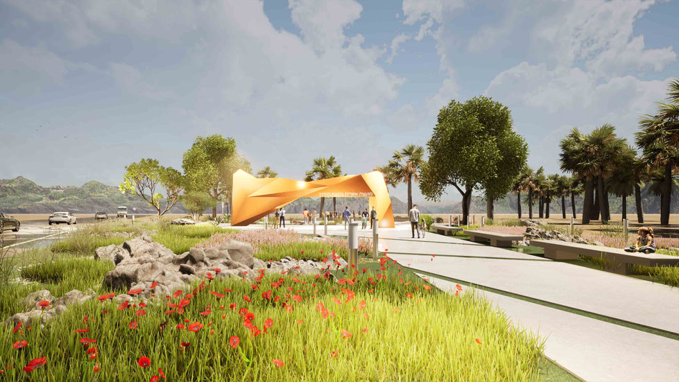 שער בקעת הירדן ליד שביל אופניים ושדות ירוקים עם פרחים אדומים, נוף קיץ מלבלב
