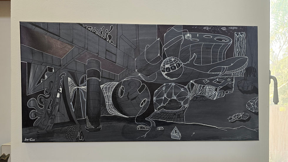 סכמה וחלום, צבעי אקריליק וטושים גרפיים על קנבס , 2025 ,רוקו (רועי) רמון