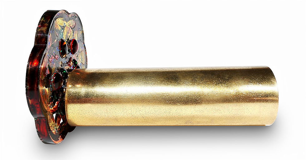 Thumbnail: Fine art brass kaleidoscope — detail of the engraved brass surface and signature, Studio Yabaye