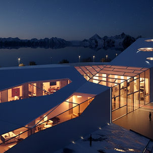 חזית בלילה של מוזיאון הרגשות בשווייץ - מבנה מודרני בנוף אלפיני.