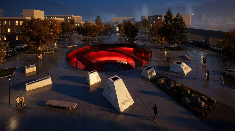 הדמיית שקיעה של כיכר בטון חשוף, Minimalist concrete plaza with geometric monoliths at sunset by Ramon Architects.