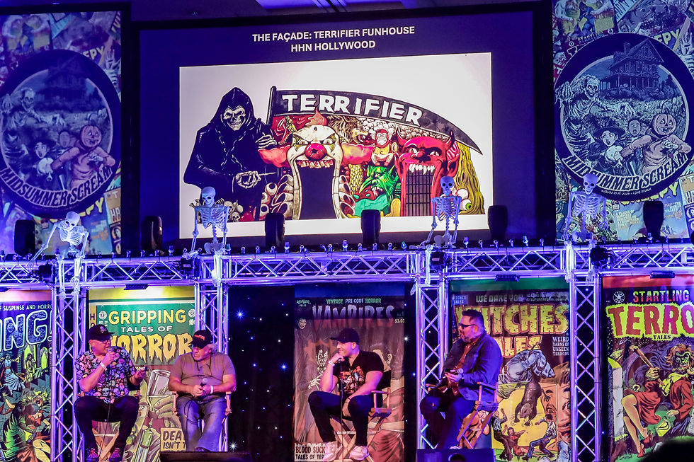 John Murdy, Phil Falcone, David Leone, and Mike Aiello discussing the Terrifier house during the HHN panel at Midsummer Scream