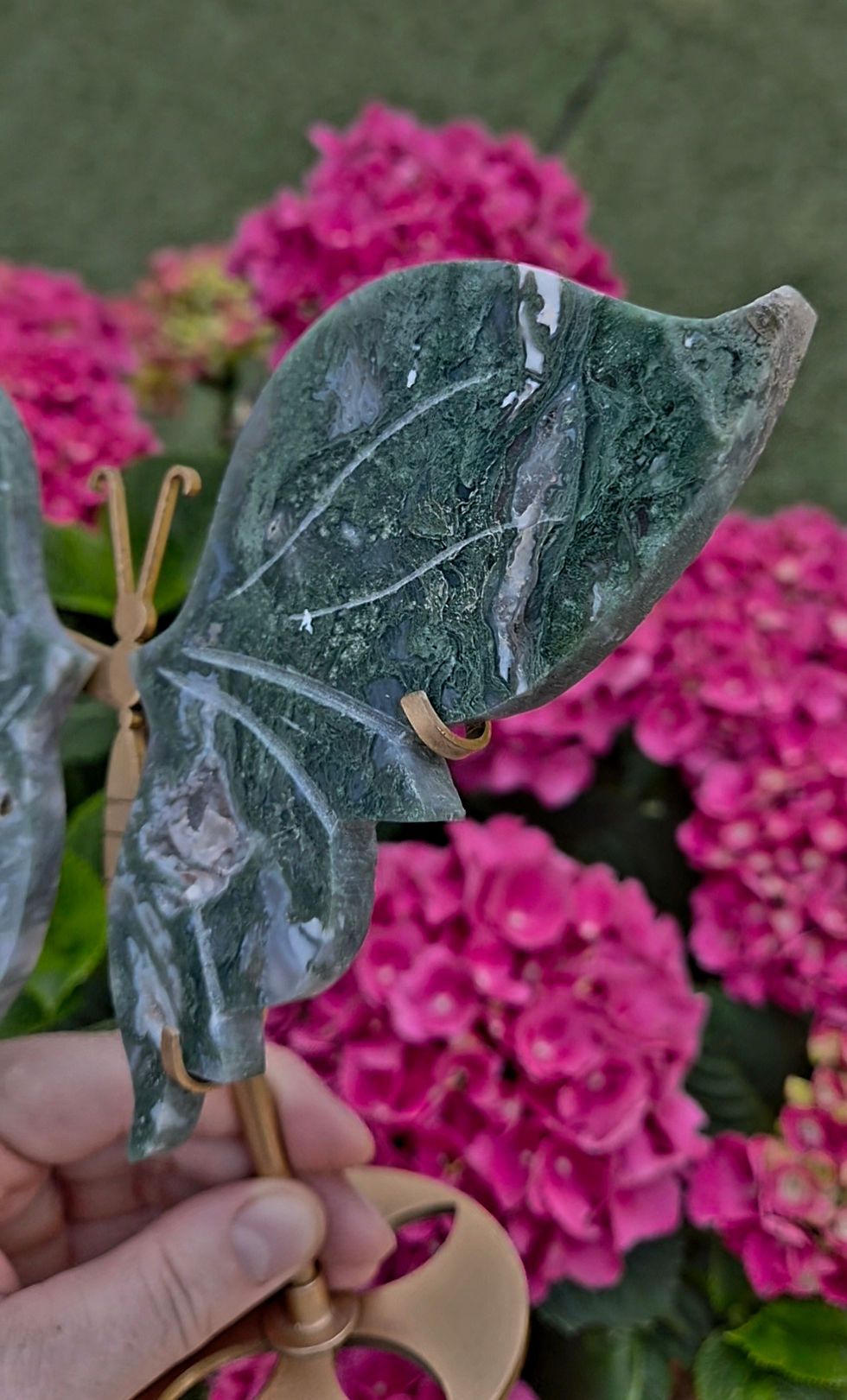 Thumbnail: moss agate hand-crafted butterfly wings on stand