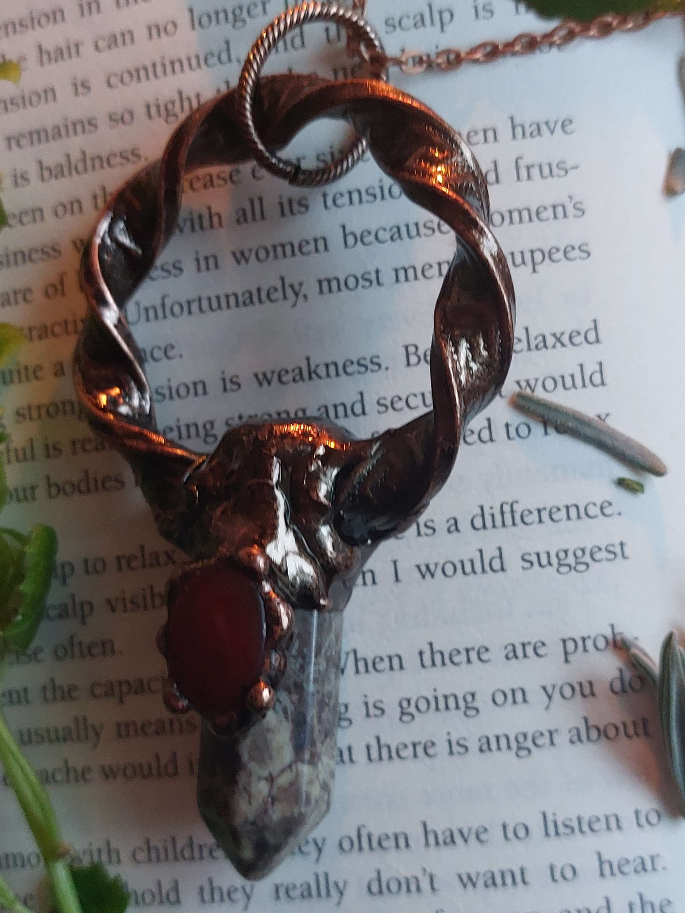 Handmade electroformed crystal point pendant with carnelian crystal