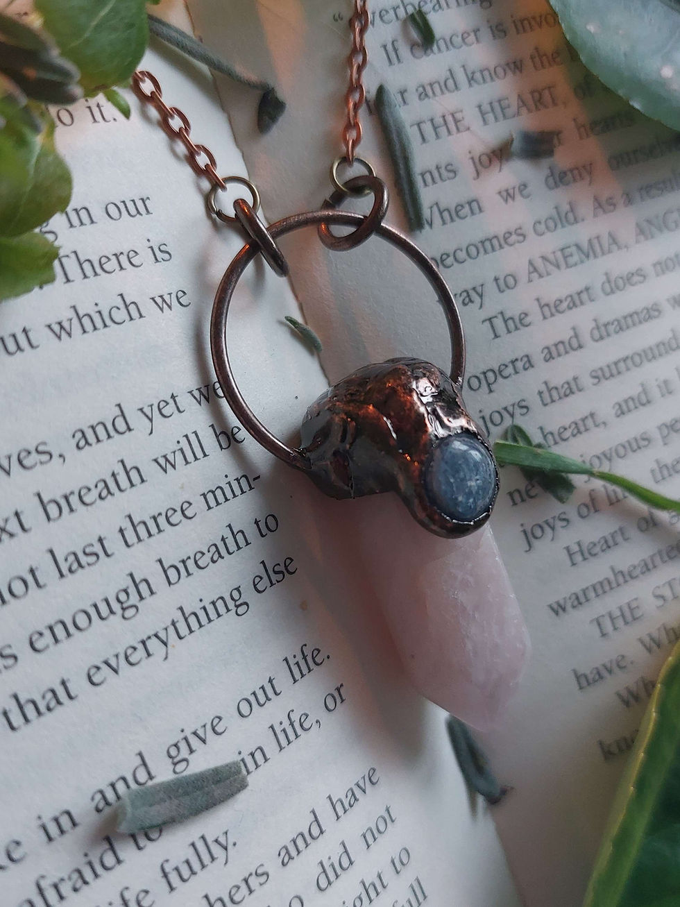 Thumbnail: Handmade electroformed rose quartz point pendant with blue kyanite crytal