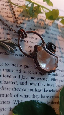Thumbnail: Handmade electroformed citrine raw stone pendant with rose embellishment 